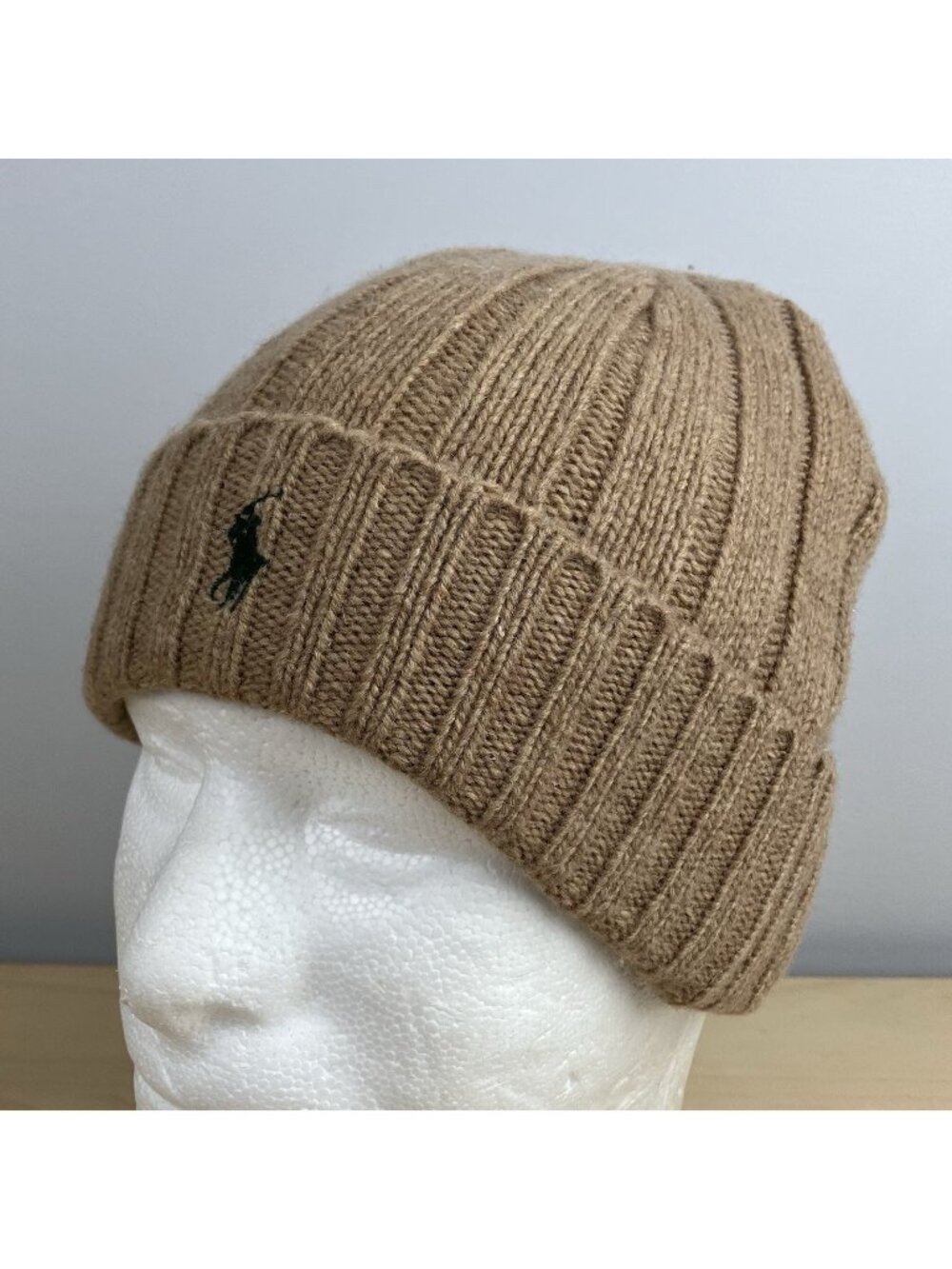 Polo Ralph Lauren Winter Beanie Hat Lambswool Brown Ribbed Cuff Pony Logo